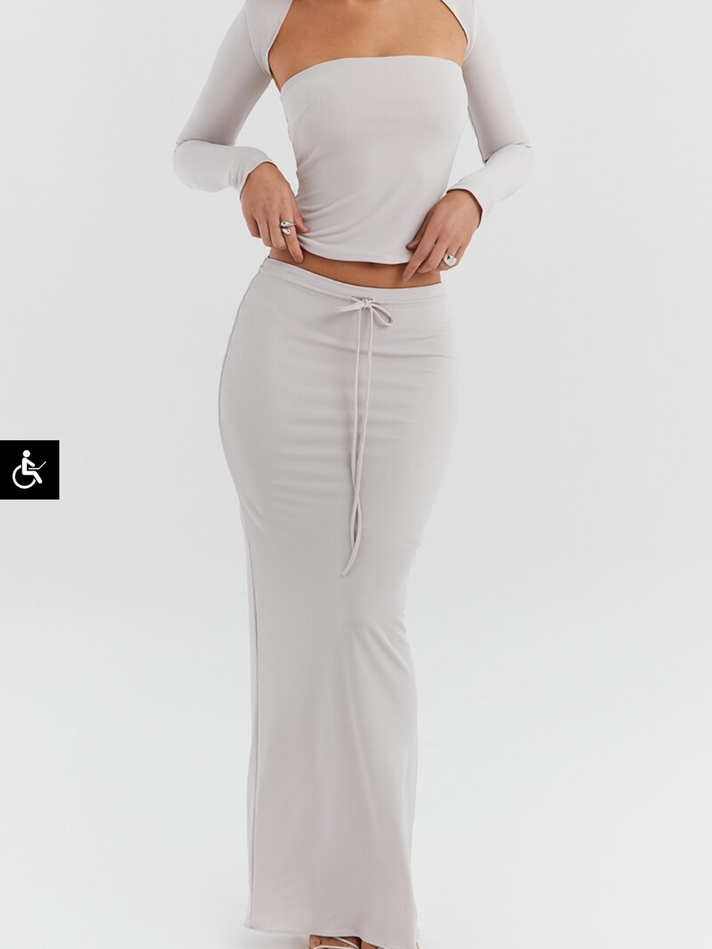 Light Gray Drawstring Maxi Skirt With Cardigan Like Top
